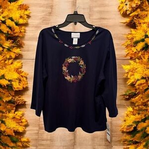 Alfred Dunner Dark Blue Top with Colorful Wreath Embroidery